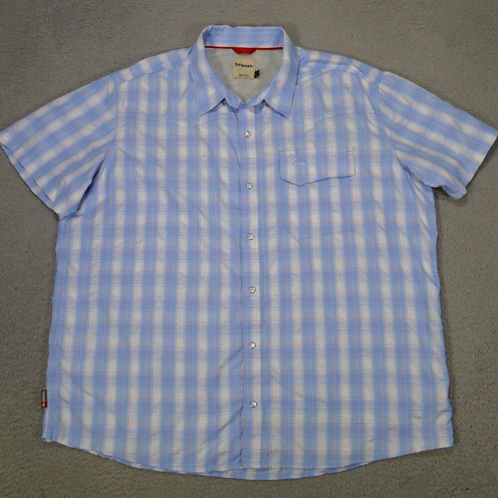 Simms Pearl Snap Vented Button Up Blue Plaid Shirt Mens 2XL Fishing Performance